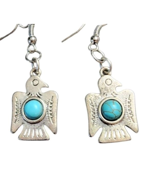 Jewelry - Silver and Blue Thunderbird Earrings with Turquoise Stone